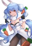  1girl animal_ear_fluff animal_ears bangs black_gloves black_leotard blue_hair braid breasts brown_legwear bunny_ears carrot_hair_ornament cleavage closed_mouth commentary_request don-chan_(hololive) dress eyebrows_visible_through_hair food_themed_hair_ornament fur-trimmed_dress fur-trimmed_gloves fur_trim gloves hair_between_eyes hair_ornament hands_up highres hololive kgr leotard long_hair multicolored_hair pantyhose red_eyes short_eyebrows simple_background small_breasts smile strapless strapless_dress strapless_leotard thick_eyebrows twin_braids twintails two-tone_hair usada_pekora very_long_hair virtual_youtuber white_background white_dress white_hair 