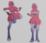  abs anthro audunor avian big_breasts bird breasts casual_exposure clothing feathers grey_background grey_body grey_scales loincloth nipples open_mouth red_body red_feathers scales simple_background under_boob wide_hips 