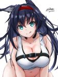 1girl :q animal_ears aqua_eyes arknights artist_name bangs bare_arms bare_shoulders black_hair blaze_(arknights) blush breasts cat_ears commentary_request eyebrows_visible_through_hair groin hair_between_eyes hairband highres large_breasts long_hair looking_at_viewer navel out-of-frame_censoring partial_commentary red_hairband signature simple_background smile solo stomach tank_top tongue tongue_out twitter_username upper_body white_background white_tank_top yukinoshiro 
