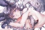  1girl animal_ears bangs bare_shoulders bell black_gloves black_hair blush breasts cleavage closed_mouth erune eyebrows_visible_through_hair fox_ears fox_tail fur_trim gloves granblue_fantasy hair_bell hair_ornament highres jingle_bell large_breasts lips long_hair looking_at_viewer michudx purple_eyes simple_background smile solo tail upper_body very_long_hair white_background yuel_(granblue_fantasy) 