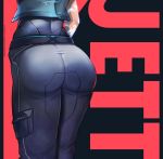  1girl ass ass_focus badcompzero character_name close-up highres jett_(valorant) lower_body pants red_background simple_background solo tattoo thighs tight tight_pants valorant 