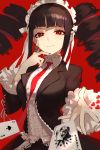  1girl ace_of_spades bangs black_hair black_jacket black_skirt blunt_bangs card celestia_ludenberck center_frills closed_mouth collared_shirt commentary_request danganronpa danganronpa_1 drill_hair frilled_shirt frilled_sleeves frills hand_on_own_face highres jacket joker long_sleeves maid_headdress monokuma necktie open_clothes open_jacket playing_card red_eyes red_neckwear seon_(seonon_) shirt sidelocks skirt smile solo spade_(shape) twin_drills twintails upper_body white_shirt 