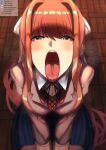  1girl absurdres bangs blue_skirt blurry blush breasts commentary_request depth_of_field doki_doki_literature_club eyebrows_visible_through_hair from_above green_eyes hair_between_eyes hair_intakes highres large_breasts long_hair looking_at_viewer monika_(doki_doki_literature_club) open_mouth oral_invitation pleated_skirt red_hair saliva skirt solo teeth tomodachi_(tomofanart) tongue tongue_out upper_teeth very_long_hair 