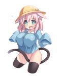  1girl absurdres animal_ear_fluff animal_ears aqua_eyes arms_up between_legs black_legwear blue_shirt bottomless breasts cat_ears cat_tail character_request covering covering_crotch flying_sweatdrops groin hat highres kindergarten_uniform large_breasts legs_apart open_mouth original school_hat shirt simple_background sleeves_past_wrists solo tail tail_between_legs tail_censor tamase_tama thighhighs thighs virtual_youtuber white_background yellow_headwear 