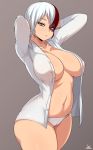  1girl arms_behind_head artist_name ass blue_eyes boku_no_hero_academia breasts burn_scar cameltoe cleavage collarbone cowboy_shot curvy eyebrows_visible_through_hair genderswap genderswap_(mtf) grey_eyes hair_between_eyes heterochromia highres jmg large_breasts light_brown_background long_sleeves looking_at_viewer multicolored_hair navel open_clothes open_shirt panties red_hair scar shirt short_hair simple_background standing stomach thighs todoroki_shouto two-tone_hair underwear watermark white_hair white_panties white_shirt 