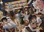  404_(girls_frontline) 6+girls :d absurdres animal_ears armpits arno_(ft3014) aug_(girls_frontline) backwards_hat bar bare_arms bare_shoulders bent_over black_hair black_jacket black_legwear black_leotard blonde_hair bow bowtie breasts brown_hair brown_legwear bunny_ears bunny_girl bunny_tail bunnysuit c-ms_(girls_frontline) chair character_request cleavage closed_eyes covered_navel cross_hair_ornament cup detached_collar drinking_glass drooling fake_animal_ears food g11_(girls_frontline) girls_frontline green_eyes green_headwear green_jacket grey_hair groin hair_ornament hairband_removed hat highres hk416_(girls_frontline) jacket large_breasts leotard medium_breasts messy_hair multiple_girls open_mouth pantyhose parted_lips pink_hair purple_hair qbu-88_(girls_frontline) red_eyes s.a.t.8_(girls_frontline) shirt short_shorts shorts silver_hair sitting skindentation sleeping smile strapless strapless_leotard table tail thighhighs thighs torn_clothes torn_legwear twintails ump45_(girls_frontline) ump9_(girls_frontline) waitress white_shirt wrist_cuffs yellow_eyes 