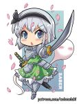 1girl armored_boots blush_stickers boots breastplate colonel_aki commentary_request dress gauntletssword hairband holding holding_sword holding_weapon konpaku_youmu konpaku_youmu_(ghost) open_mouth silver_hair sword touhou weapon 