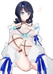  1girl absurdres artist_request bangs bare_shoulders black_hair blue_eyes blue_ribbon blush breasts closed_mouth collarbone detached_leggings dress fate/grand_order fate/requiem fate_(series) fundoshi hand_on_own_chest highres japanese_clothes jewelry knees_up large_breasts long_sleeves looking_at_viewer magatama magatama_hair_ornament medium_hair multicolored_hair necklace pink_hair puffy_long_sleeves puffy_sleeves ribbon short_dress sideboob sideless_outfit simple_background sitting streaked_hair thighs utsumi_erise white_background white_dress white_legwear 