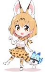  1girl animal_ears blush bow bowtie chibi elbow_gloves eyebrows_visible_through_hair fang gloves highres kemono_friends looking_at_viewer lucky_beast_(kemono_friends) orange_bow orange_eyes orange_hair orange_neckwear orange_skirt over-kneehighs serval_(kemono_friends) serval_ears serval_print serval_tail short_hair skirt smile tail takosuke0624 thighhighs 