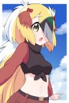  1girl black_hair blonde_hair blush breasts brown_eyes eyebrows_visible_through_hair greater_bird-of-paradise_(kemono_friends) green_hair grey_hair hair_over_one_eye highres kemono_friends long_hair long_sleeves looking_at_viewer medium_breasts multicolored_hair navel open_mouth solo takosuke0624 two-tone_hair 