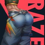  1girl ass ass_focus badcompzero character_name close-up denim highres jeans lower_body pants raze_(valorant) red_background simple_background solo thighs valorant 