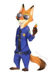  2020 2:3 absurd_res anthro barefoot belt black_nose bottomwear canid canine carrot_pen clothed clothing dipstick_ears disney eyewear fox full-length_portrait fully_clothed fur hi_res holding_object koumori_007 male mammal multicolored_ears necktie nick_wilde orange_body orange_fur pants police_uniform portrait red_fox shirt simple_background smile solo standing sunglasses topwear uniform white_background zootopia 