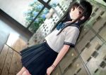  black_hair bow brown_eyes kazuharu_kina long_hair original rain school_uniform skirt water wristwear 
