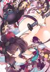  1girl absurdres ass bangs bare_shoulders beads belt bikini bracelet breasts cleavage fate/grand_order fate_(series) floral_print goggles goggles_on_head hair_ornament highres jewelry katana katsushika_hokusai_(fate/grand_order) katsushika_hokusai_(swimsuit_saber)_(fate) large_breasts leaning_forward long_hair looking_at_viewer miya_ur navel obi octopus open_mouth purple_eyes purple_hair sash sidelocks swimsuit sword thigh_strap thighs tokitarou_(fate/grand_order) weapon white_bikini 
