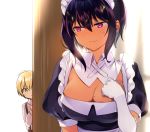 1boy 1girl black_hair blonde_hair breasts cleavage closed_mouth collared_shirt elbow_gloves eyebrows_visible_through_hair gloves green_eyes konbu_wakame large_breasts lilith_(saikin_yatotta_maid_ga_ayashii) long_sleeves looking_at_another maid maid_headdress mole mole_on_breast mole_under_eye puffy_short_sleeves puffy_sleeves saikin_yatotta_maid_ga_ayashii shirt short_hair short_sleeves suspenders sweatdrop tan wavy_mouth white_gloves white_shirt yuuri_(saikin_yatotta_maid_ga_ayashii) 