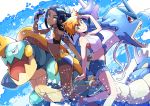  2girls absurdres armlet belly_chain black_hair blue_eyes blue_hair blush breasts commentary_request dark_skin dive_ball drednaw earrings eyelashes gen_1_pokemon gen_8_pokemon gloves green_eyes gyarados gym_leader hair_bun highres holding holding_poke_ball hoop_earrings jewelry kasumi_(pokemon) long_hair looking_at_viewer multicolored_hair multiple_girls necklace orange_hair partly_fingerless_gloves poke_ball pokemon pokemon_(creature) pokemon_(game) pokemon_lgpe pokemon_swsh pon_yui rurina_(pokemon) short_hair shorts side_ponytail single_glove smile swimsuit tankini two-tone_hair v-shaped_eyebrows wristband 