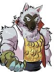  3:4 armband canid canine canis chainmail clothed clothing forest_ledoyen fur gloves grey_body grey_fur handwear hi_res male mammal shirako simple_background solo tales_of_(series) tales_of_the_tempest video_games white_background wolf yellow_eyes 
