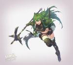  1girl :d antenna_hair arknights bangs black_footwear black_shirt black_shorts boots commentary crocodilian_tail dated full_body gavial_(arknights) glowing glowing_eyes green_hair green_jacket grey_background hair_between_eyes highres holding holding_weapon jacket long_hair looking_at_viewer midriff navel open_clothes open_jacket open_mouth ore_lesion_(arknights) pointy_ears pouch shirt short_shorts shorts simple_background smile solo stomach sword tail thigh_boots thighhighs v-shaped_eyebrows weapon white_background yellow_eyes yumero 