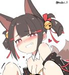  1girl akagi-chan_(azur_lane) animal_ears azur_lane bangs bare_shoulders bell black_hair blush breasts clenched_teeth detached_collar eyebrows_visible_through_hair fox_ears fox_tail hair_bell hair_ornament hair_ribbon heart highres jingle_bell kandori multiple_tails nose_blush red_eyes ribbon sexually_suggestive short_hair short_twintails simple_background small_breasts solo sweat tail teeth trembling twintails twitter_username white_background 