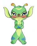  2012 alien angry antennae_(anatomy) blue_eyes blush bonnie_(lilo_and_stitch) boonieboo0 brown_nose crossed_arms disney experiment_(lilo_and_stitch) eyelashes fangs female green_body green_inner_ear hi_res lilo_and_stitch looking_down markings multicolored_body signature simple_background standing toes white_background 