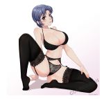  1girl absurdres artist_name black_bra blue_eyes blue_hair bra breasts cleavage collarbone commission eyebrows_visible_through_hair fairey_hierfly full_body hand_on_own_leg highres hioyami lace lace-trimmed_legwear large_breasts looking_at_viewer mature navel older panties pantyhose short_hair super_robot_wars super_robot_wars_gc super_robot_wars_og_moon_dwellers thighhighs underwear watermark white_background 