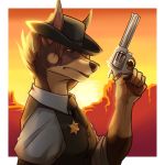  1:1 5_fingers alpha_channel anthro badge brown_body brown_fur canid canine canis claws clothed clothing dobermann domestic_dog female fingers fur gun handgun hat headgear headwear kevintheradioguy mammal necktie orange_eyes pinscher ranged_weapon revolver simple_background solo solo_focus tan_body tan_fur tatiana_soldatova weapon 