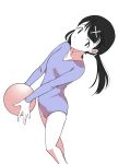  1girl ball black_hair commentary feet_out_of_frame hair_ornament highres hikaru_(ofuton_at5) holding holding_ball itou_hikari leotard long_hair looking_at_viewer ponytail purple_leotard simple_background solo standing tied_hair watashi_ga_motenai_no_wa_dou_kangaetemo_omaera_ga_warui! white_background x_hair_ornament 