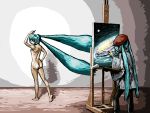  2girls aqua_hair artist_painter ass beret black_pants commentary dual_persona easel floating_hair from_behind galaxy grey_shirt hand_up hat hatsune_miku long_hair looking_back multiple_girls nude painting painting_(object) pants pose rxjx shirt space standing twintails very_long_hair vocaloid 