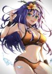  1girl backlighting bangs bare_shoulders bikini blue_hair blush breasts cleavage collarbone cowboy_shot eyebrows_visible_through_hair fire_emblem fire_emblem:_path_of_radiance fire_emblem_heroes flower green_eyes hair_between_eyes hair_flower hair_ornament hairband headband highres long_hair looking_at_viewer medium_breasts mia_(fire_emblem) navel nekolook open_mouth orange_bikini smile standing stomach swimsuit teeth thighs tongue water white_hairband wristband 