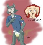  2020 5_fingers animehyper anthro beastars bodily_fluids canid canine canis caught clothing covering covering_self diaper domestic_dog embarrassed english_text feces fingers fur genital_fluids hi_res jack_(beastars) legoshi_(beastars) male mammal messy_diaper shirt soiling standing text topwear urine wet_diaper wetting wolf 