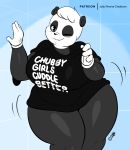  anthro big_breasts bottomless breasts clothed clothing english_text female giant_panda hand_on_wall hi_res joaoppereiraus looking_at_viewer mammal motion_lines one_eye_closed overweight overweight_female patreon shirt shirt_only solo sueli_(character) t-shirt text thick_thighs topwear ursid wide_hips wiggle wink 