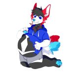  1:1 absurd_res anthro belly big_belly canid canine canis clothes_rip hi_res hybrid inflation kneeling male male/male mammal simple_background solo white_background wolfdog 