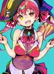  1girl aqua_background black_headwear breasts covered_navel hat heterochromia hololive houshou_marine long_hair medium_breasts navel open_mouth pirate_hat red_eyes red_hair red_neckwear red_ribbon ribbon shunin simple_background sleeveless solo virtual_youtuber yellow_eyes 