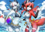  anthro ball beach_ball bikini breasts canid canine clothing cloud duo female fox fur jecbrush mammal nora_leslie red_body red_fur ribbons sky smiling_at_viewer swimwear water white_body white_fur 