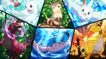  :d ampharos bubble cloud commentary_request day dewgong fangs flower flying foliage furret gen_1_pokemon gen_2_pokemon gen_4_pokemon gen_5_pokemon mantine no_humans open_mouth outdoors pokemon pokemon_(creature) pon_yui scolipede sky smile splitscreen togekiss tongue twilight underwater water 