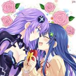  2girls blue_hair box breasts cleavage crossover date_a_live flower genderswap genderswap_(mtf) hair_ornament happy heart-shaped_box highres itsuka_shiori lewdkuma looking_at_another medium_breasts multiple_girls neptune_(series) open_mouth pink_flower pink_rose purple_hair purple_heart rose smile upper_body 