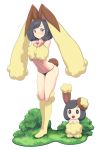  1girl :&lt; animal_ears bangs black_hair black_panties blush buneary buneary_(cosplay) bunny_ears chibi chibi_inset clenched_hands closed_mouth commentary_request cosplay eyelashes full_body gen_4_pokemon grass hands_together highres kneehighs looking_at_viewer lopunny lopunny_(cosplay) medium_hair mizuki_(pokemon) mk_(mikka) navel panties pokemon pokemon_(game) pokemon_sm purple_eyes standing swept_bangs underwear white_background 