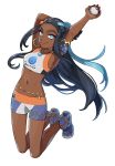  1girl armlet armpits arms_up belly_chain black_hair blue_eyes blue_hair commentary_request dark_skin earrings eyelashes full_body gloves gym_leader hair_bun highres holding holding_poke_ball hoop_earrings jewelry long_hair looking_at_viewer multicolored_hair navel necklace piroshiki123 poke_ball poke_ball_(generic) pokemon pokemon_(game) pokemon_swsh rurina_(pokemon) sandals simple_background single_glove smile solo swimsuit tankini two-tone_hair white_background 