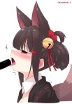  1girl absurdres akagi-chan_(azur_lane) animal_ears azur_lane bell black_hair blush brown_eyes detached_collar eyebrows_visible_through_hair food fox_ears fox_tail from_side hair_bell hair_ornament hair_ribbon highres jingle_bell kandori licking makizushi multiple_tails nose_blush open_mouth profile red_ribbon ribbon sexually_suggestive short_hair short_twintails sidelocks solo sushi tail tongue tongue_out twintails 