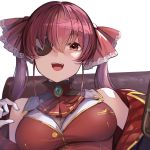  1girl armchair ascot bangs bare_shoulders bodysuit_under_clothes bottle breasts chair commentary covered_navel eyebrows_visible_through_hair eyepatch gloves hair_between_eyes hair_ribbon holding holding_bottle hololive houshou_marine jacket koruse large_breasts looking_at_viewer medium_hair miniskirt off_shoulder open_mouth pleated_skirt red_eyes red_hair red_jacket red_neckwear red_ribbon red_skirt ribbon simple_background sitting skirt smile solo thighhighs twintails upper_teeth virtual_youtuber white_background white_gloves wine_bottle 