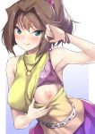  1girl :p areolae armpits bare_shoulders belt blush bra bra_lift bracelet breasts brown_hair green_eyes hair_ornament hair_scrunchie half-closed_eyes jewelry large_breasts looking_at_viewer mazaki_anzu nipples nukkoru one_breast_out purple_bra scrunchie shirt short_ponytail sleeveless sleeveless_shirt sleeveless_sweater smile solo strap_pull sweater tongue tongue_out underwear yellow_sweater yuu-gi-ou yuu-gi-ou_duel_monsters 