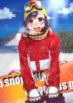  1girl :d absurdres black_hair blush cloud commentary_request day eyelashes gloves goggles goggles_on_headwear highres holding looking_at_viewer open_mouth original outdoors pon_yui purple_eyes scarf sky smile snow snowboard solo sunlight teeth tongue tree upper_teeth winter winter_clothes yellow_headwear 