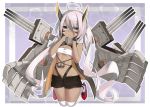  1girl ahoge anchor azur_lane bandeau bangs black_gloves black_shorts breasts dark_skin eyebrows_visible_through_hair eyes_visible_through_hair facepaint full_moon gloves hands_on_own_cheeks hands_on_own_face headgear heart_ahoge heterochromia indianapolis_(azur_lane) long_hair looking_at_viewer mechanical_arms moon poppypilf rigging shoes shorts small_breasts solo thighhighs twintails very_long_hair white_legwear 