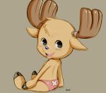  anthro antlers blue_nose capreoline cervid clothed clothing dandi fur hooves horn looking_at_viewer mammal one_piece partially_clothed pink_tongue reindeer simple_background sitting smile solo tongue tony_tony_chopper topless underwear 