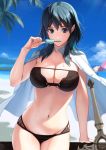  1girl bangs beach beach_umbrella bikini black_bikini blue_eyes blue_hair breasts byleth_(fire_emblem) byleth_(fire_emblem)_(female) cleavage eating fire_emblem fire_emblem:_three_houses food highres holding looking_at_viewer medium_hair mueririko navel open_clothes open_shirt palm_tree popsicle popsicle_stick shirt sky solo swimsuit tree umbrella white_shirt 