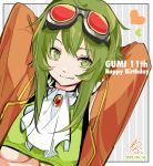  1girl arms_behind_head birthday breasts brooch character_name commentary dated goggles goggles_on_head green_eyes green_hair green_shirt grey_background gumi hands_up happy_birthday heart highres jacket jewelry megpoid_(vocaloid3) neckerchief orange_jacket red_goggles shirt short_hair_with_long_locks sidelocks signature smile solo striped striped_background underboob vocaloid wanaxtuco white_neckwear 