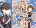  1boy 2girls :o angel angel_wings bangs bare_shoulders blonde_hair blue_eyes blue_sky blurry blush breasts brown_hair character_request closed_eyes closed_mouth covering covering_crotch depth_of_field dress eyebrows_visible_through_hair falling_feathers feathered_wings feathers flying hair_between_eyes hairband hug hug_from_behind koiseyo_tenteki. layered_dress lifting_person long_hair long_sleeves looking_at_another looking_at_viewer maid maid_dress maid_headdress medium_breasts multiple_girls multiple_views novel_illustration official_art open_mouth shino_(eefy) short_dress short_hair sidelocks single_thighhigh single_wing sky sleeveless sleeveless_dress sweatdrop textless thighhighs thighs upskirt white_feathers white_wings wings 
