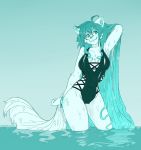  anthro bikini blue_hair breasts canid canine caninelove canis celes_traydor clothing female fur hair hi_res long_hair mammal one-piece_swimsuit pose solo swimwear water white_body white_fur wolf 