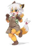  anthro black_eyes blush breasts brown_body brown_fur brown_paws canid canine clothed clothing cute_face dagasi female fox fully_clothed fur hair hi_res kemono mammal orange_body orange_fur overalls pawpads ponytail ribbons short_hair simple_background smile solo sora-chan tied_tail white_background white_body white_fur white_hair young 