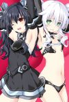  2girls armpits bare_shoulders black_dress black_hair black_sister blush clenched_teeth commission detached_sleeves dress dual_persona elbow_gloves eyebrows_visible_through_hair flat_chest gloves green_eyes hair_ornament hair_ribbon highres iwasi-r long_hair looking_at_viewer midriff multiple_girls navel neptune_(series) one_eye_closed power_symbol red_eyes revealing_clothes ribbon short_dress suggestive_fluid symbol-shaped_pupils teeth two_side_up uni_(neptune_series) wet white_hair 
